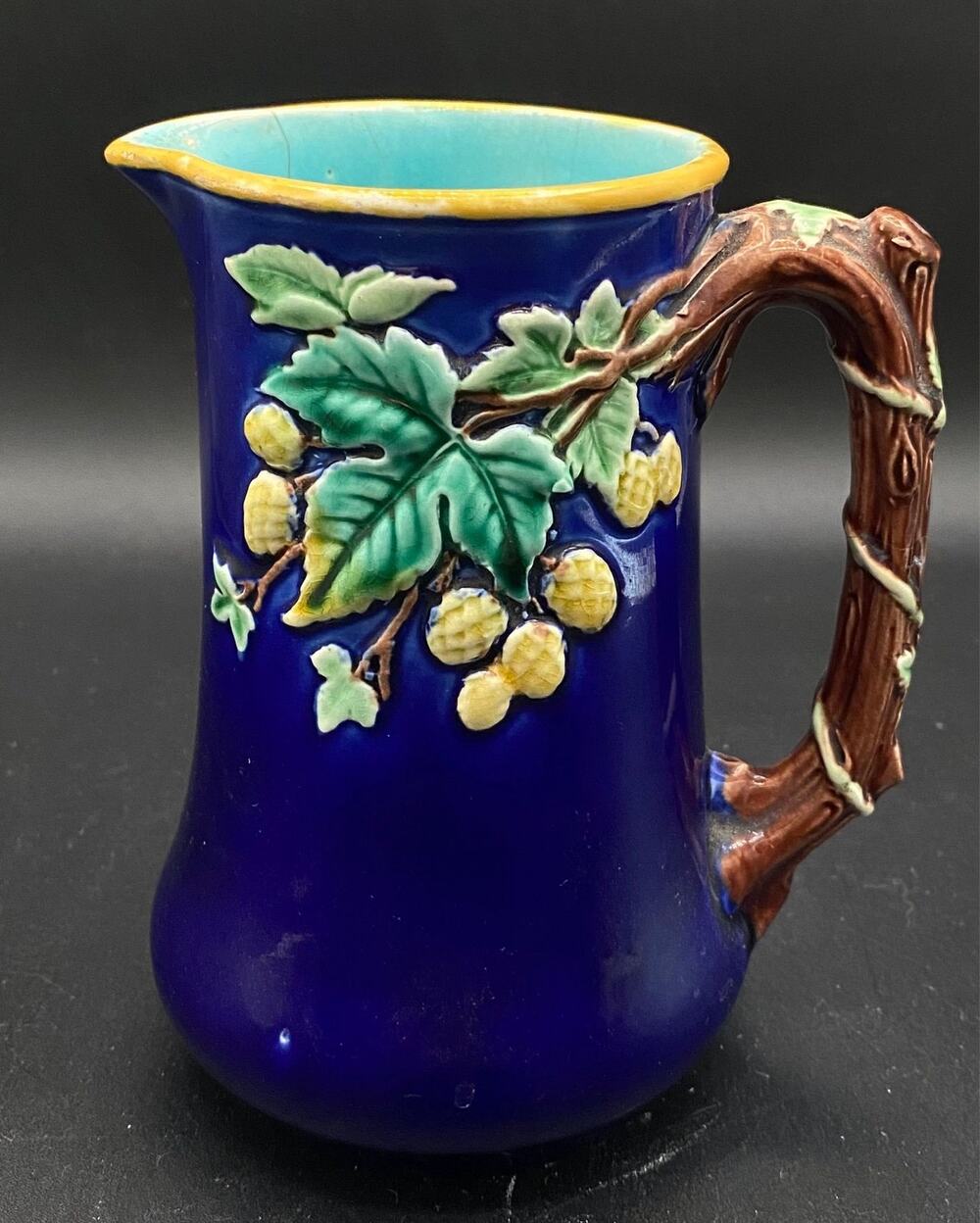 Antique Wedgwood Majolica Hops Pitcher Jug Cobalt Blue Victorian Pottery c1875